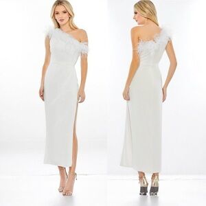 🌻NEW w.Tags MAC DUGGAL White Feathered One-Shoulder Sheath Dress Size 4